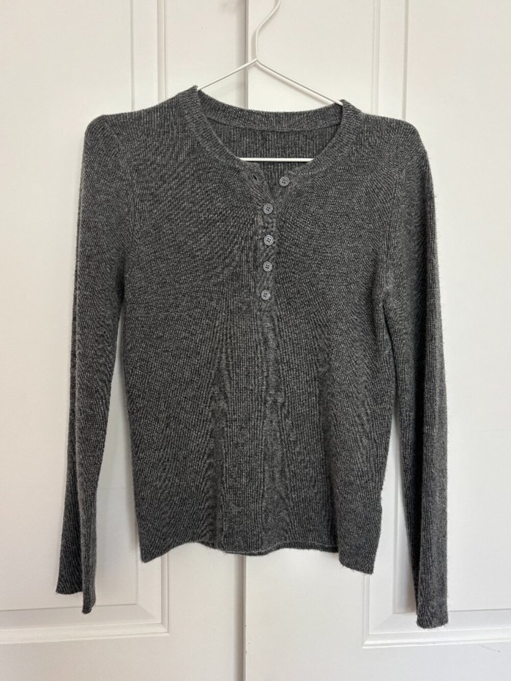 Cashmere Wool Ribbed Henley Charcoal Grey, Button Front, S